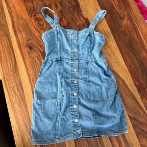 H M Divided Denim Pinafore Dress Blue Button Front A Line Mini Women's Size S